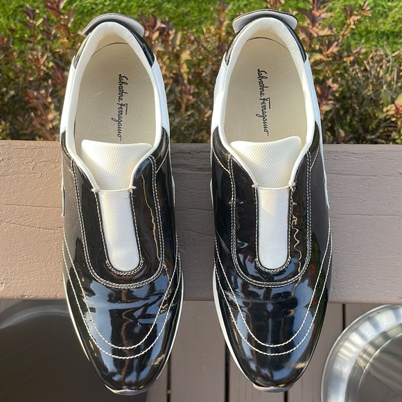 Salvatore Ferragamo Black Patent and White Leather Slip On Sneaker Shoes 10 B - Picture 8 of 16